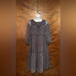 Lucky Brand Long Sleeve Fall Midi Dress Womens L Blue Floral Peasant Maxi Lined